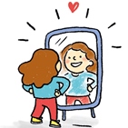 Eine Illustration von Eva Burdkhardt zeigt ein Mädchen, das sein Spiegelbild zufrieden anschaut. Darüber ein Herzchen.