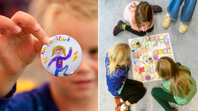 2 Bilder nebeneinander: Kinder sitzen um einen Spielplan und spielen "Party im Löwengehege", daneben ein Kind mit einem selbstgestalteten "Ich bin stark"-Button.