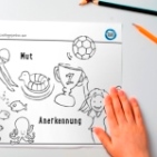 Ausschnitt Ausmalbild mit Kinderhand und Stiften