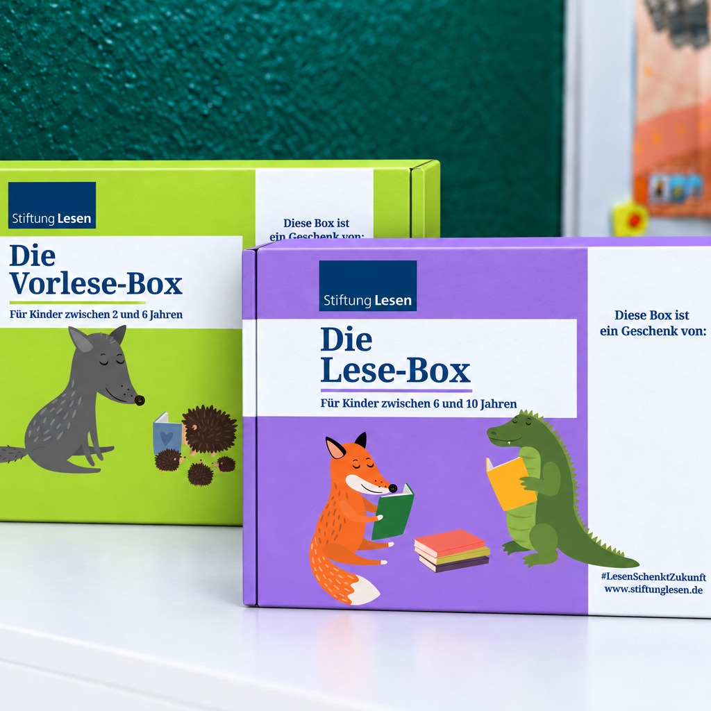 Bild mit den beiden Gewinnen: Der Vorlese-Box und der Lese-Box der Stiftung Lesen
